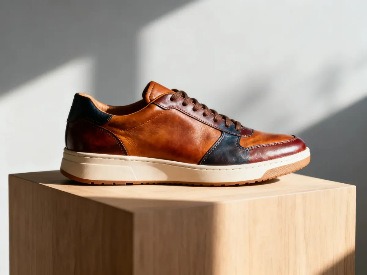 Stylowy skórzany sneaker na drewnianym podeście, prezentujący wysoką jakość wykonania obuwia.