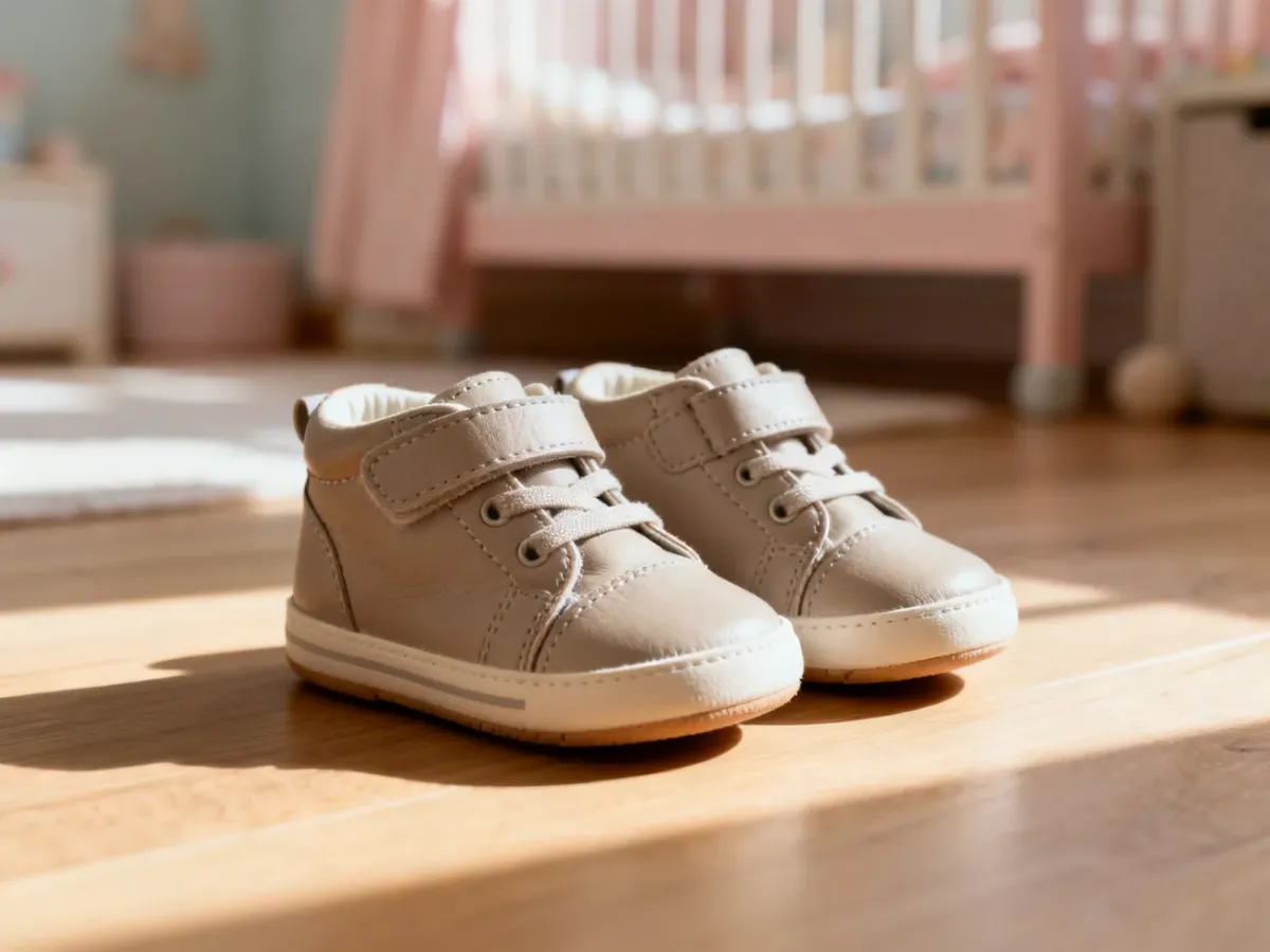 Stylowe dziecięce sneakersy na drewnianej podłodze w przytulnym pokoju dziecięcym.