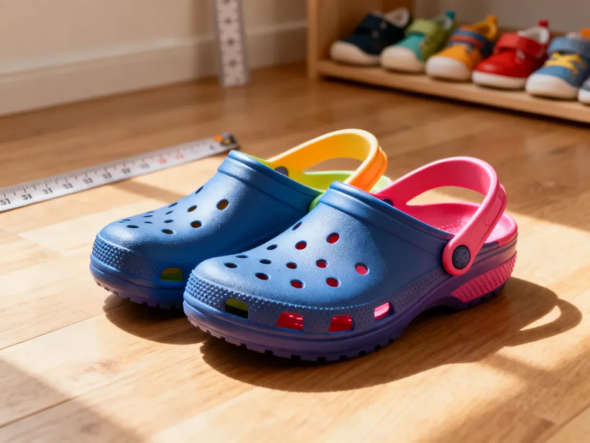 Kolorowe chodaki Crocs na drewnianej podłodze w otoczeniu miarki, ilustrujące dobór odpowiedniego rozmiaru obuwia.