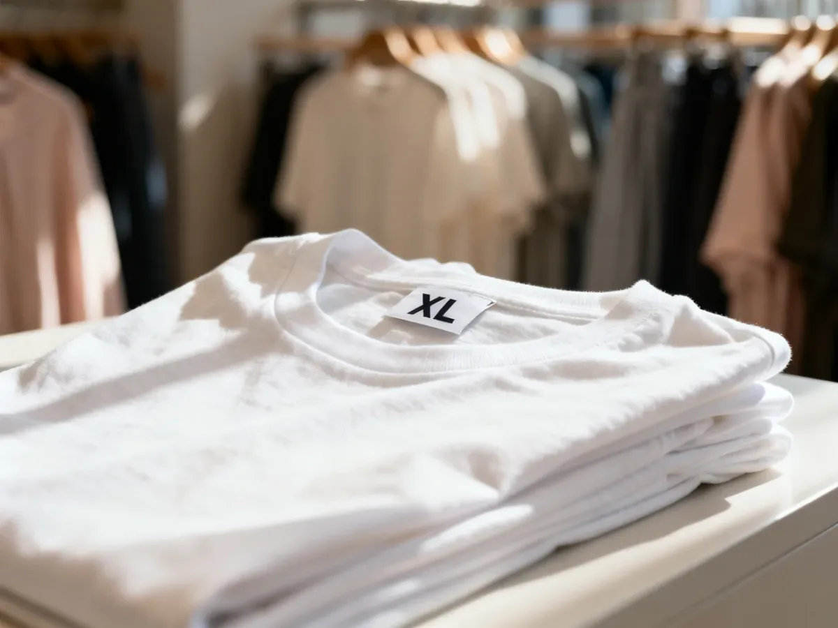 Złożony biały T-shirt z wyraźną metką w rozmiarze XL na tle sklepowego wieszaka z odzieżą.