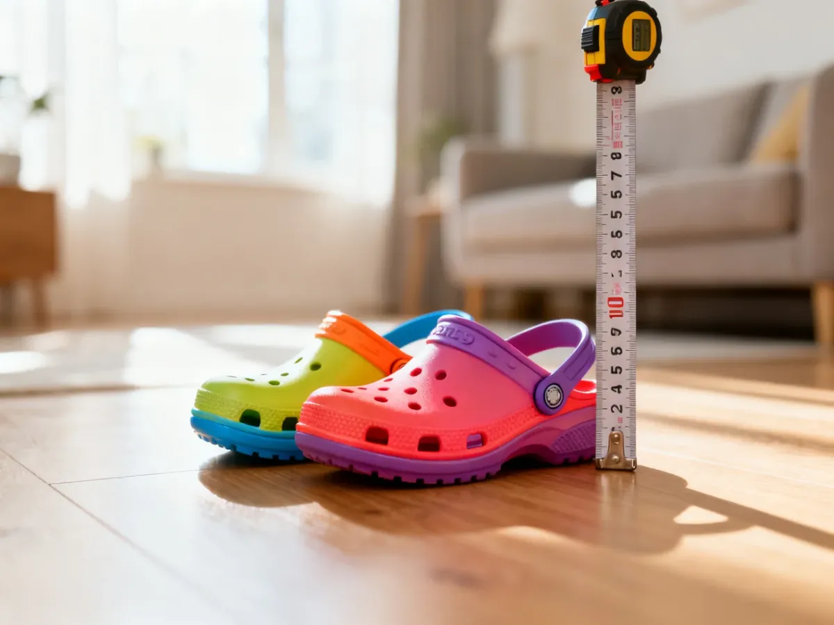Kolorowe chodaki Crocs na drewnianej podłodze z miarką wskazującą rozmiar obuwia.