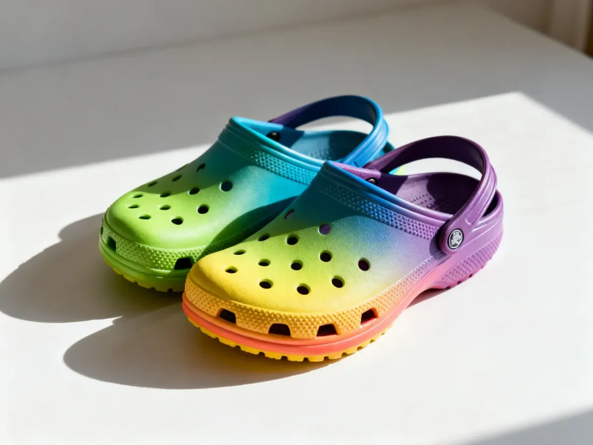 Kolorowe chodaki Crocs na białym tle, ukazujące charakterystyczną perforację i fakturę podeszwy.