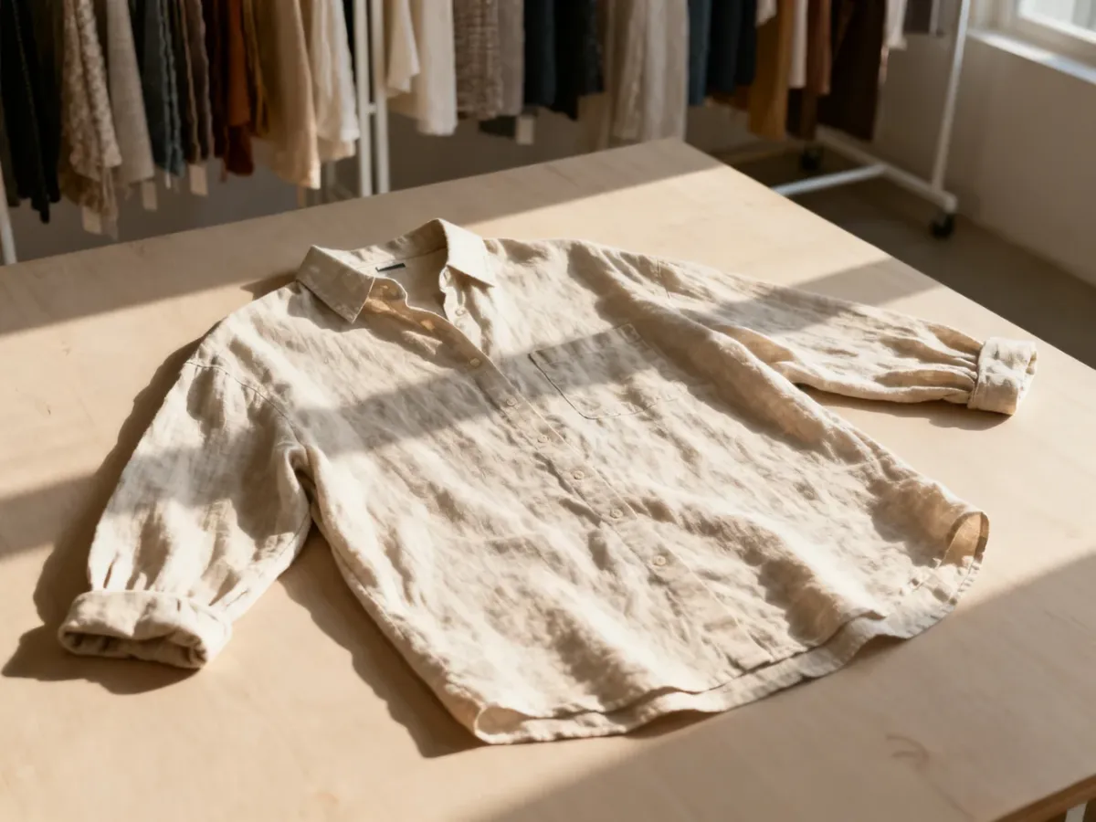 Lniana koszula oversize ułożona na drewnianym blacie, prezentująca uniwersalny krój typu one size w profesjonalnym studiu.