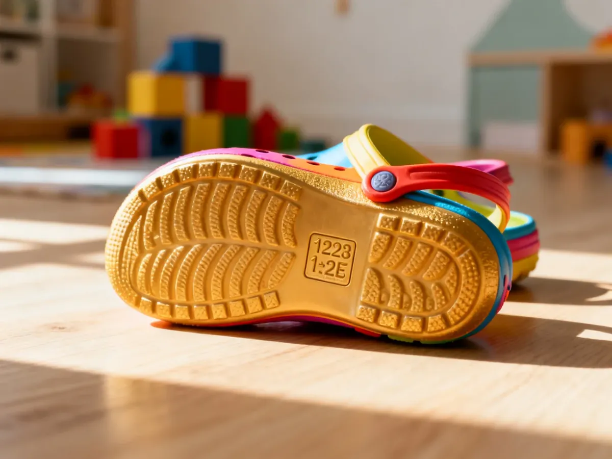 Kolorowe dziecięce chodaki Crocs na drewnianym podłożu z wyraźnie widocznym oznaczeniem rozmiaru na podeszwie.